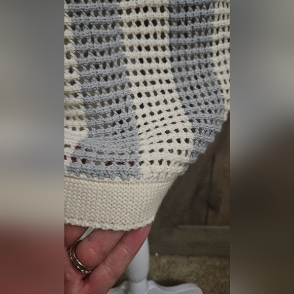 MASSIVE LUXURY Crochet OpenKnit ShortSleeve Button Shirt.Blue/cream Stripe L NWT - Picture 11 of 12